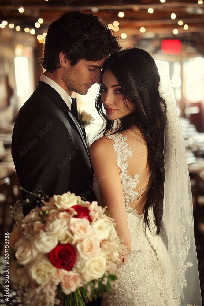 Romantic Couple With Wedding Bouquet