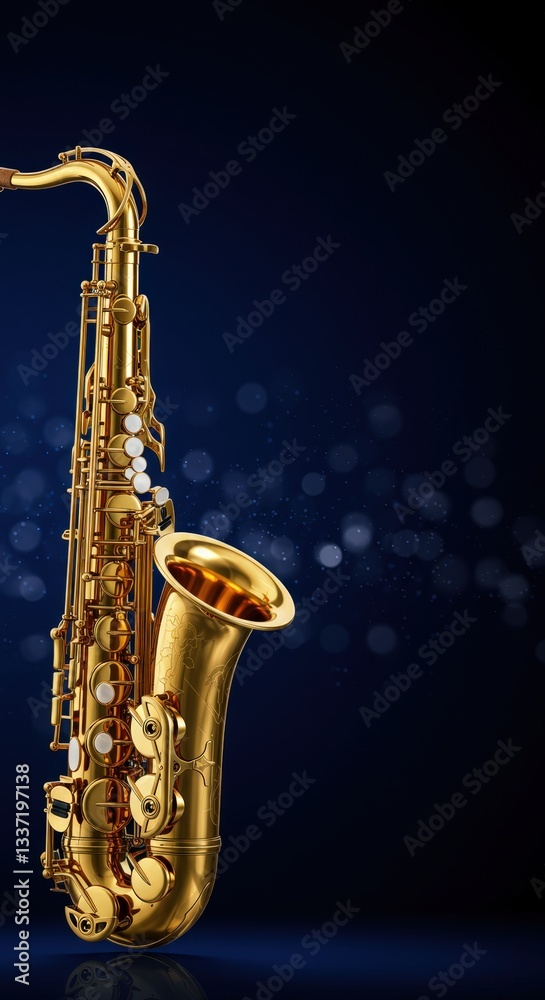 Obraz premium Saxophone shines under the spotlight in vibrant atmosphere with blue background and soft bokeh effect. Vertical HD background.