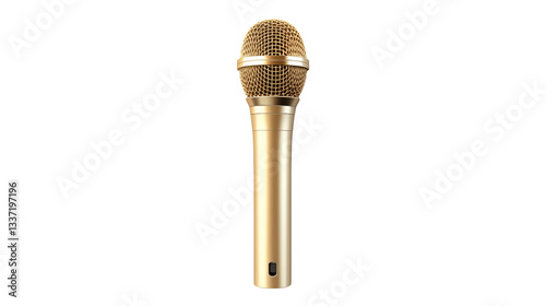 A single gold microphone standing upright against a stark black background in a studio settingisolated on transparent background	