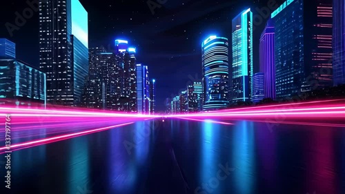 Futuristic Cityscape at Night Neon Lights and Glowing Skyscrapers with Vibrant Pink Light Trails Suggesting Fast Movement and Dynamic Atmosphere
