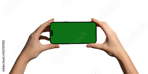 Hand holding a smartphone horizontally with a blank green chromakey screen, perfect for video, gaming, and app mockup. Caucasian female presenting device for promotion. Isolated on white background..