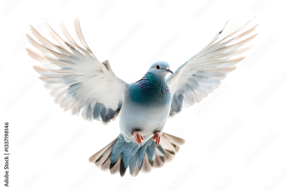 Obraz premium Pigeon in Mid Flight with Wings Spread Against a Transparent Backdrop with Vibrant Blue and White Plumage Details
