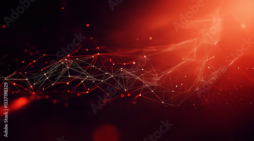 Abstract technological background in red tones with particles similar to nerve nodes and neural networks