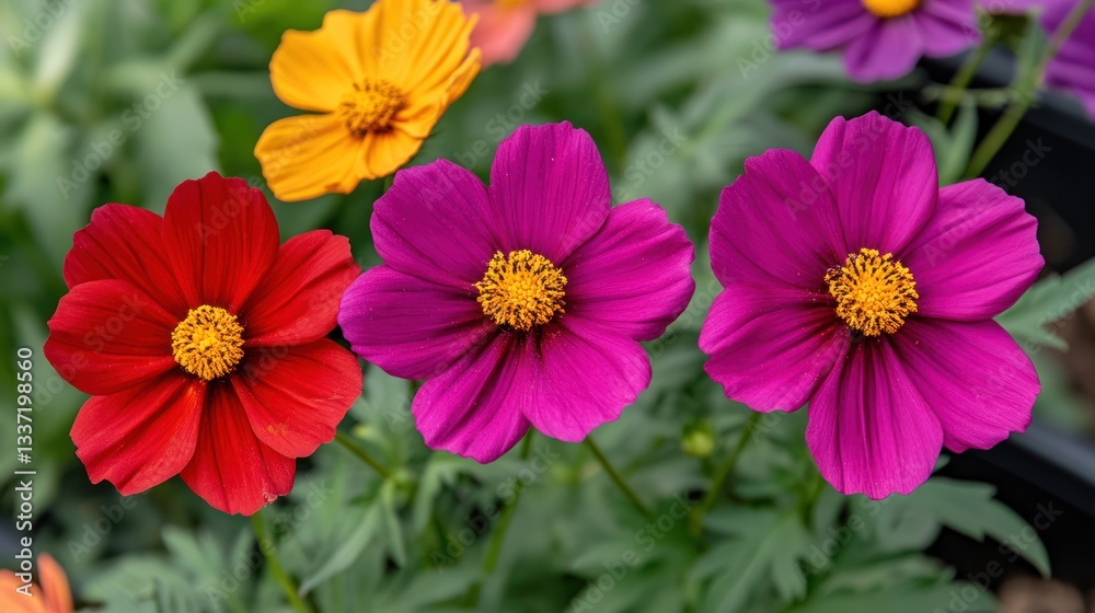 Fototapeta premium Vibrant Cosmos Flowers Showcase Vivid Hues in a Summer Garden Display