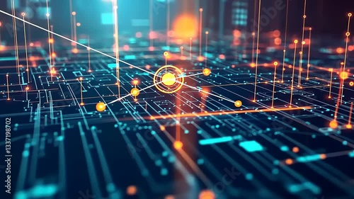 Abstract digital circuit board with glowing connections and data flow in a futuristic environment