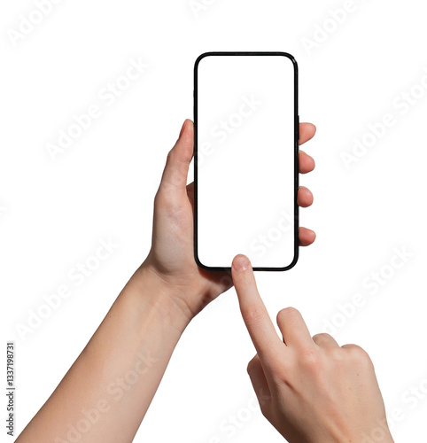 Wallpaper Mural Hand holding a smartphone with a blank screen, index finger tapping to capture or interact. Ideal for app promotion, advertising, and mockup. Caucasian female presenting device. Isolated on white. Torontodigital.ca