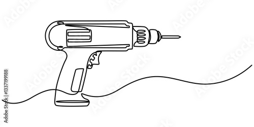 Continuous Line Drawing of Cordless Drill Icon. Hand Drawn Symbol Vector Illustration, drill tool object work industry one line art design, Screwdriver, drill, construction tool, tighten screws, make.