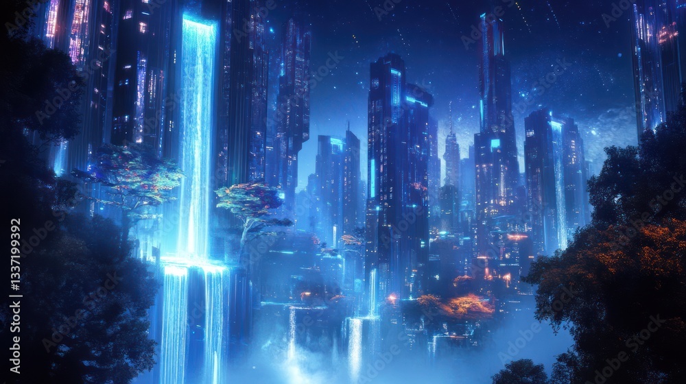 Fototapeta premium Futuristic city with waterfalls at night. Possible use Stock photo for Sci-Fi design, or background for video game