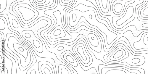  Abstract topographic contour line pattern. Minimalist black and white elevation map design. Geographic terrain background. Modern wavy curves texture. Seamless topography illustration for maps