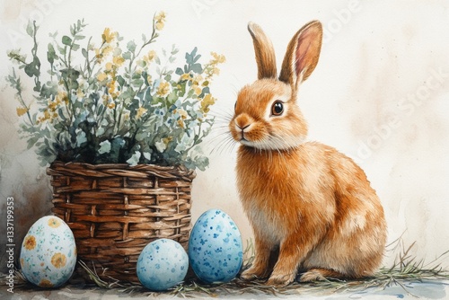 Watercolor Easter Bunny With Eggs