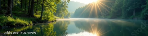 Sun-dappled Piney Z Lake, lush greenery mirroring in calm waters , Piney Z Lake,  sunlight,  nature