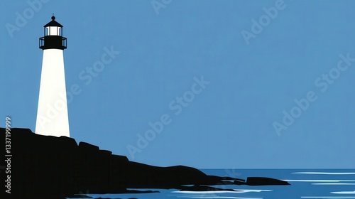 Lighthouse on Rocky Coast at Dusk Shining Brightly