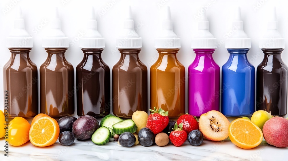 Colorful fruit juice bottles with fresh ingredients Colorful fruit juice bottles with fresh ingredients