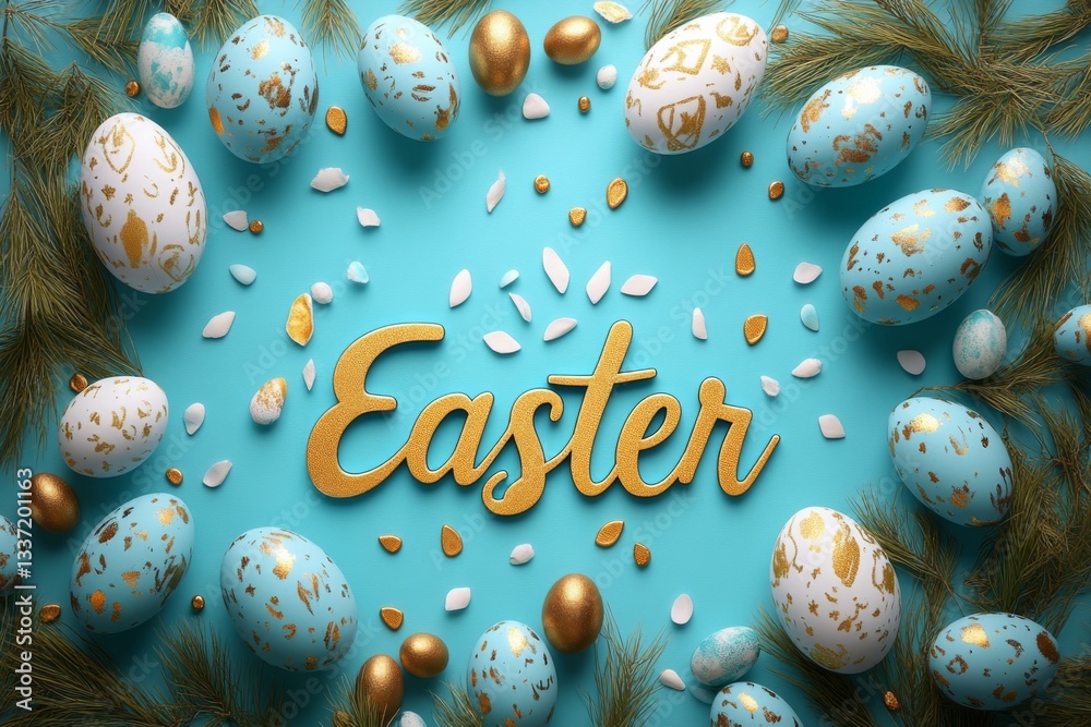 Golden Easter Eggs On Blue Background