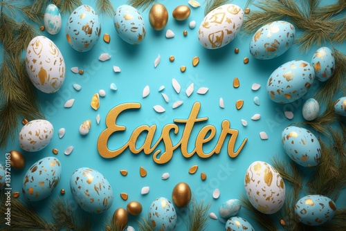 Obraz na płótnie Golden Easter Eggs On Blue Background w salonie