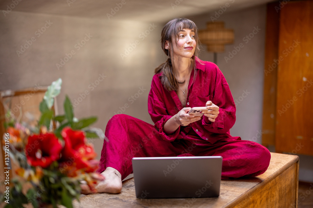 A fashionable woman in a red outfit sits on a wooden countertop with a laptop and smartphone, embracing a modern work-from-home lifestyle. Warm lighting and fresh flowers add charm to the cozy setting