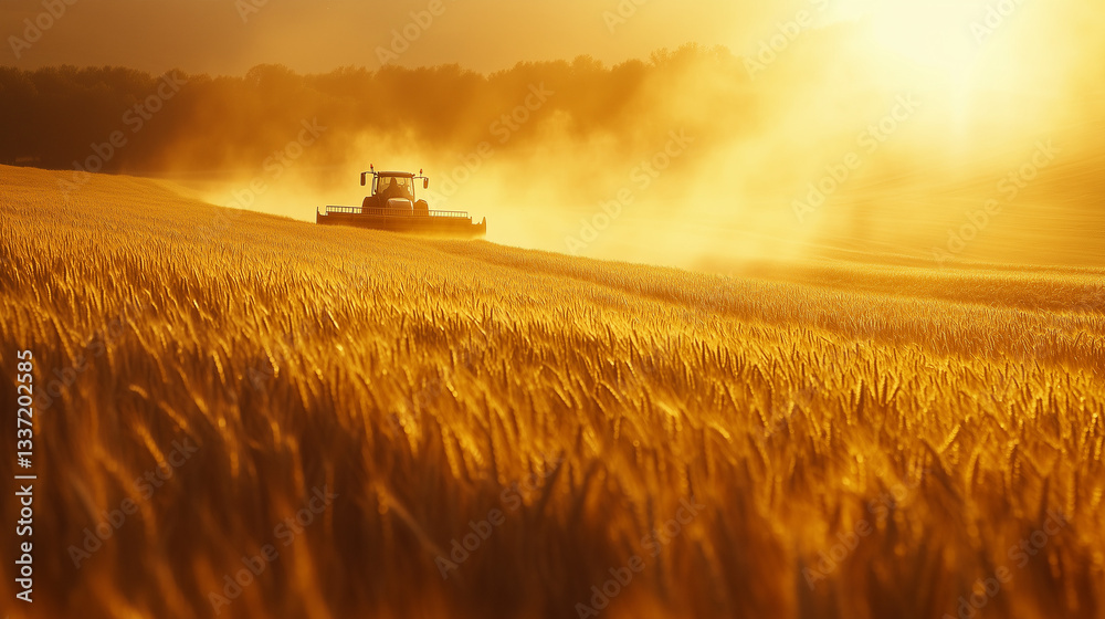 Fototapeta premium Tractor Harvesting Wheat at Sunset, Dust Rising in a Golden Field