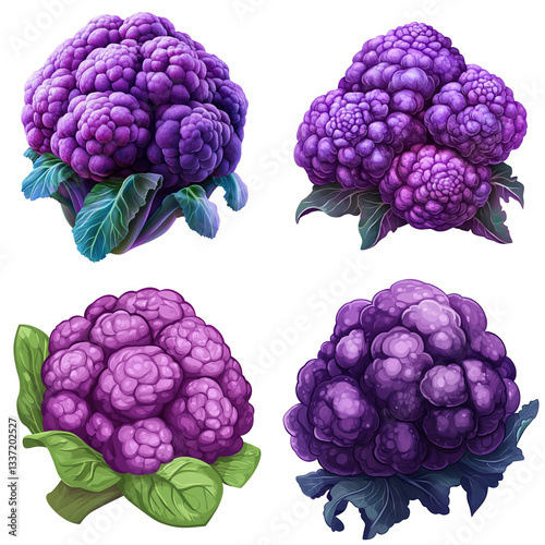 Vibrant Purple Cauliflower Head Isolated on White 