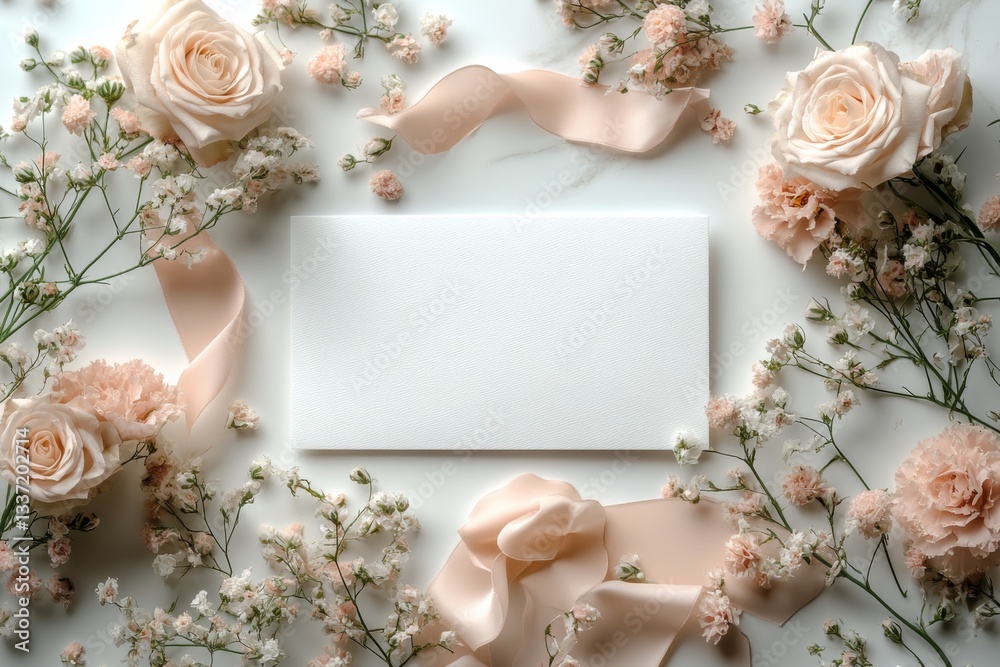 Blank Card With Pink Roses And Ribbon