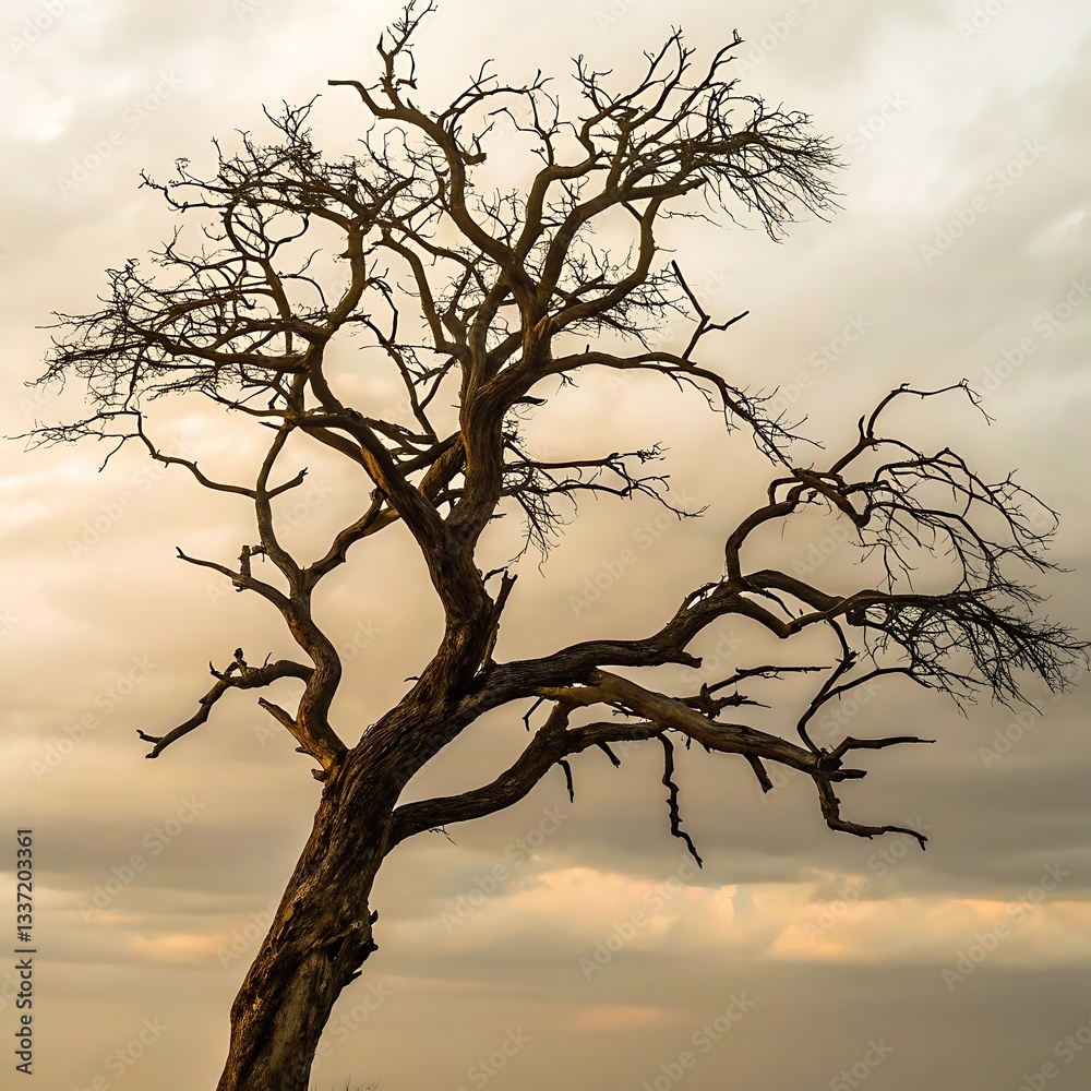 Obraz premium Silhouette of a Leafless Tree against a Cloudy Sky, Emphasizing Nature's Beauty and the Stark Contrast of Branches and Sky.