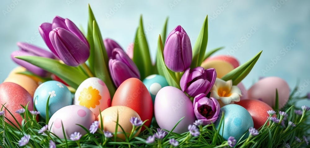 A vibrant bouquet of purple tulips nestled amongst pastel Easter eggs, springtime decor, vibrant A vibrant bouquet of purple tulips nestled amongst pastel Easter eggs, springtime decor, vibrant