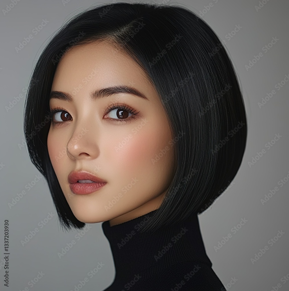 Naklejka premium Portrait of a young woman with sleek black hair and flawless makeup showcasing elegance and sophistication in a minimalist setting