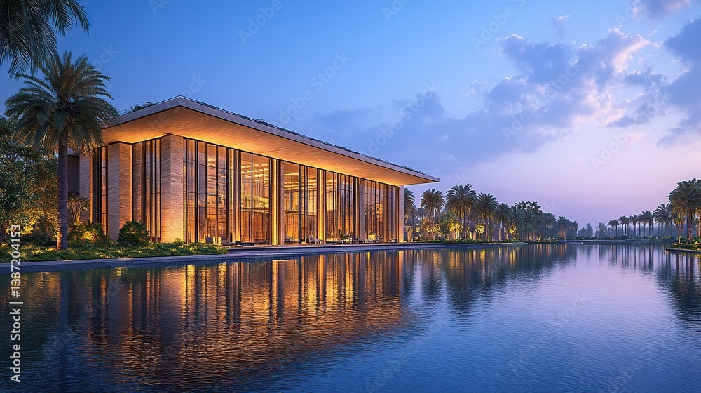 Luxurious modern building by a serene lake at twilight Luxurious modern building by a serene lake at twilight