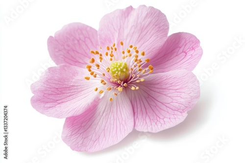 A delicate pink flower with soft petals and a cluster of yellow stamens