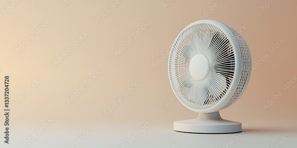 Modern electric fan stands on a minimalistic surface against a warm pastel backdrop Modern electric fan stands on a minimalistic surface against a warm pastel backdrop