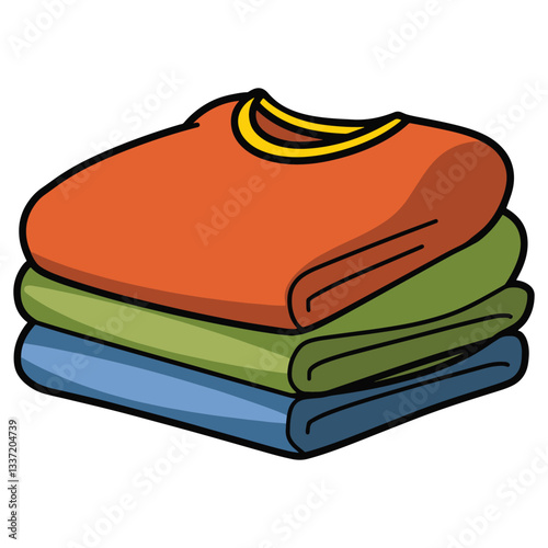 Stack of neat clothes vector illustration. Pile of folded shirts, t shirts, jeans, trousers, pants, and bath towels. Flat cartoon style, isolated on a white background.