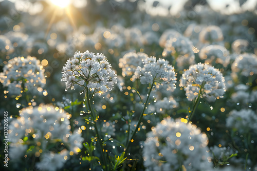 white flowers in the field, Delicate White Flowers Glowing In Soft Golden Hour Light