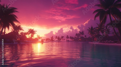 Enchanting tropical sunset scenery with palm trees and serene water reflections