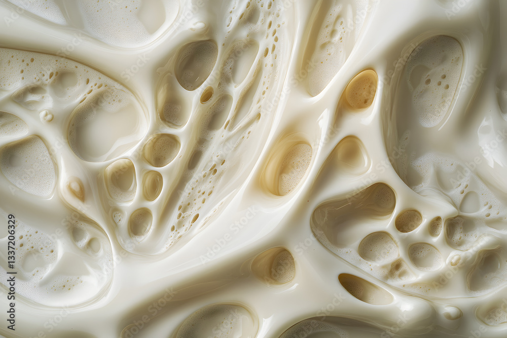 Macro Close-Up of Liquid Milk Surface with Unique Bubble Patterns Macro Close-Up of Liquid Milk Surface with Unique Bubble Patterns