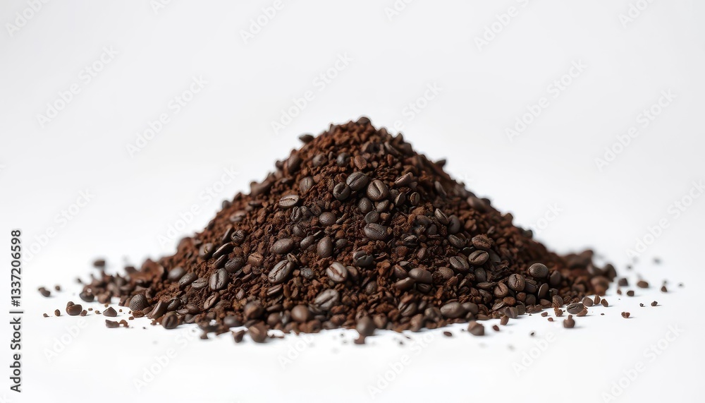 A mound of dark brown instant coffee granules sits alone against a white background, isolated, granular A mound of dark brown instant coffee granules sits alone against a white background, isolated, granular