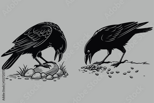a crow picking at something on the ground silhouette vector design art and illustration