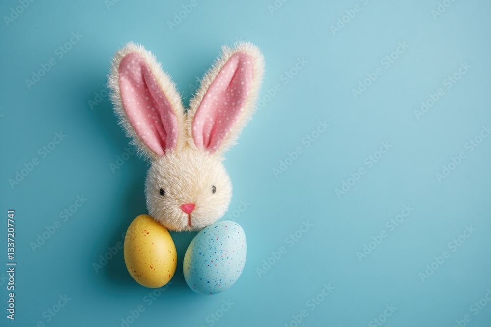 Obraz premium Happy Easter. Stuffed bunny head with pink ears and colorful decorated eggs on a plain light blue backdrop with copy space