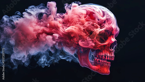 A skull with red and pink smoke coming out of it with black background