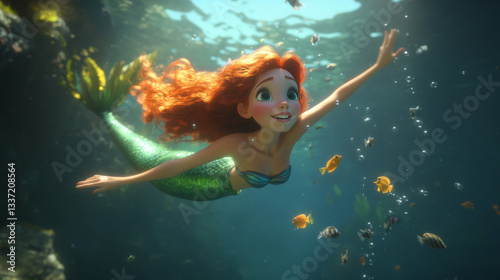 Cute mermaid with little fish underwater in sea. Vector cartoon person, beautiful girl fish with red hair and tail in ocean water with bubbles. Fairy tale or mythology character, pretty mermaid