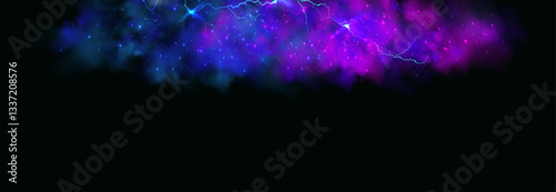 Powerful electrical current energy. Flash of lightning in a magic frame. Neon discharge in smoke effect.
