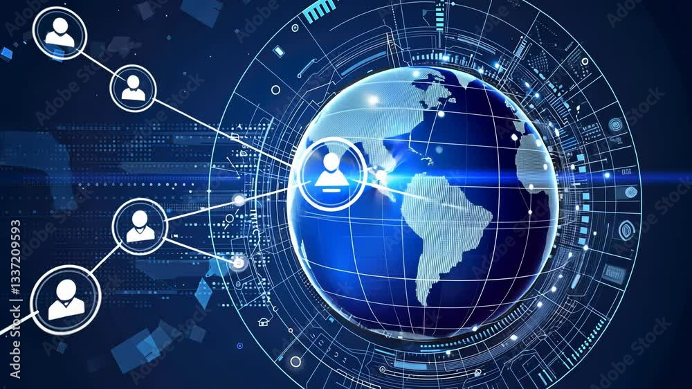 Global digital network illustration.  A complex graphic of interconnected global network with data streams and a stylized representation of the Earth