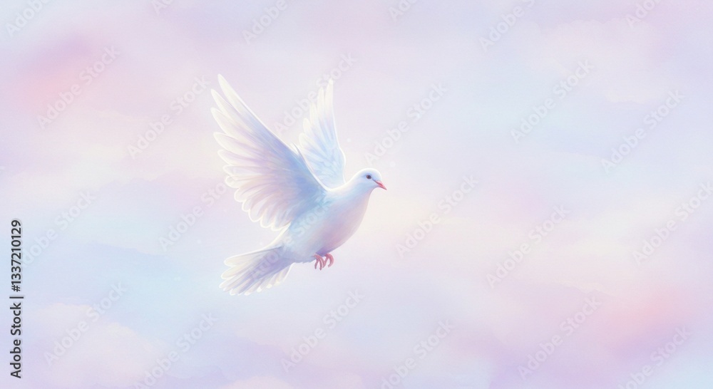 Fototapeta premium Serene White Dove in Flight Peaceful Pastel Sky Spiritual Symbol Hope Freedom