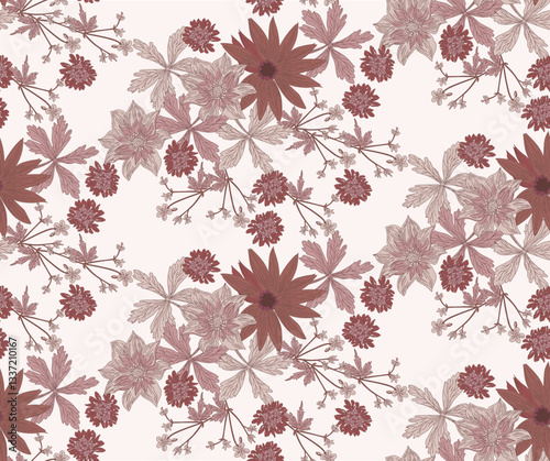 Mocha mousse color pattern of flowers and leaves, repeating pattern, artistic like wallpaper.	