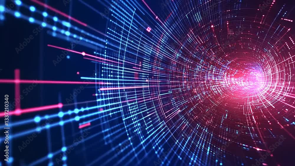 Abstract digital tunnel with glowing lines and particles, creating a sense of speed and depth