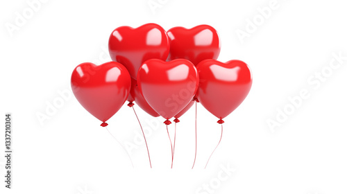 A cluster of red heart shaped balloons floating against a stark black background in a studio shotisolated on transparent background	
