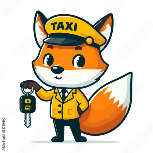 Vector cartoon fox as taxi driver holding keys. Perfect for transportation icons, service apps, or children's books on professions.