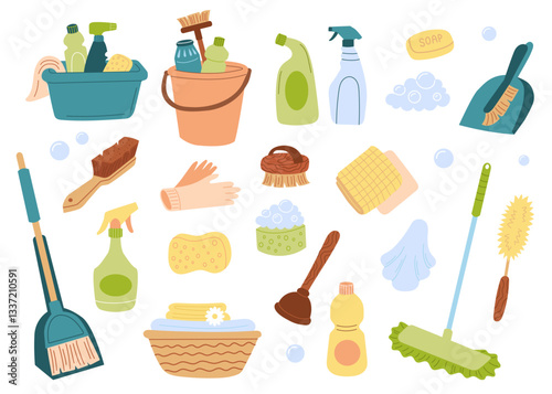 Stock vector cleaning supplies set. Home chemical detergent in bottles. Household tools equipment brush, sponge, gloves, napkins.