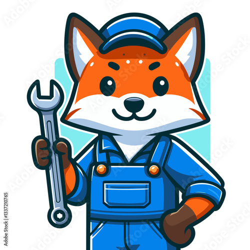 Vector cartoon fox as mechanic with wrench in blue uniform. Perfect for auto repair services, maintenance businesses, or technical professions illustration.