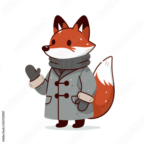 Cartoon fox in gray winter coat with mittens waving. Ideal for winter season greetings, cold weather advisories, or children's winter clothing brands.