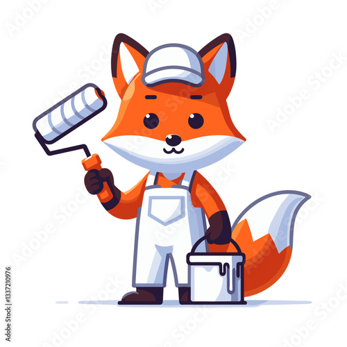 Cartoon fox house painter in white overalls holding paint roller. Ideal for home renovation services, DIY painting tutorials, or home decoration blogs.
