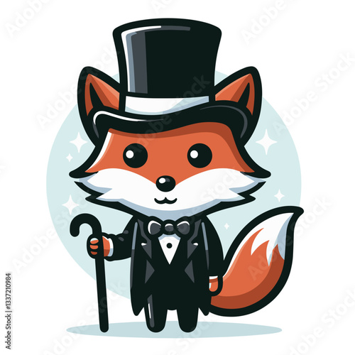 Cartoon gentleman fox in formal tuxedo with top hat and cane. Perfect for luxury event promotions, formal wear advertising, or sophisticated mascot designs.